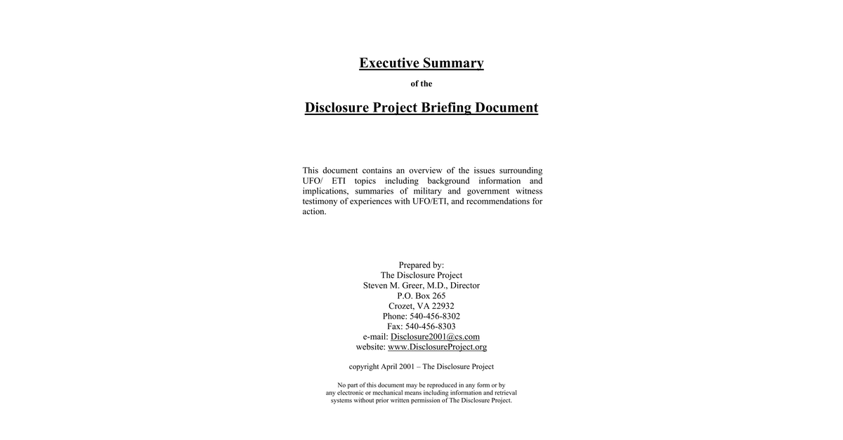 Steven Greer Disclosure Project Executive Summary, 99p