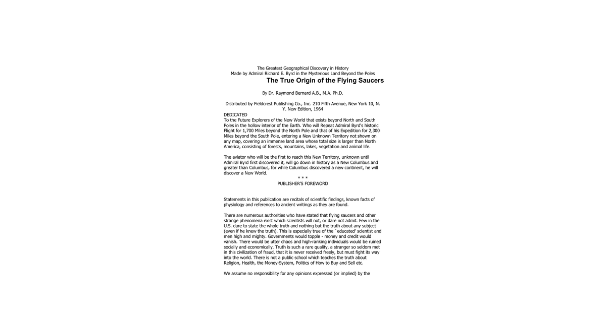 The True Origin Of The Flying Saucers Dr Raymond Bernard
