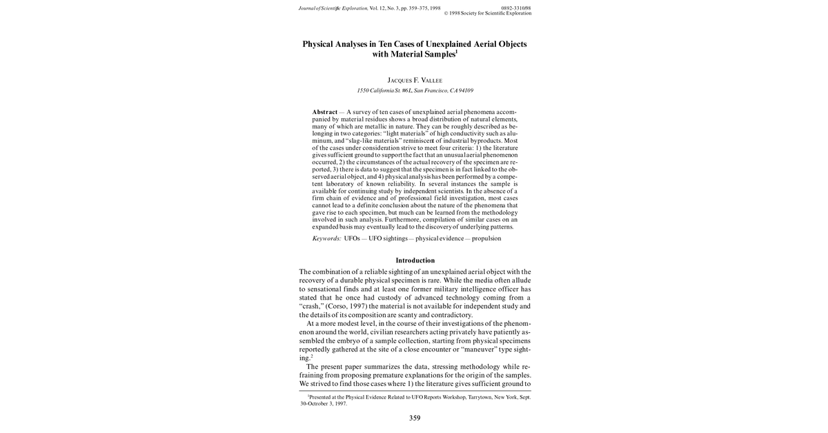 Jacques Vallee Physical Analyses In Ten Cases Of Unexplained Aerial Objects