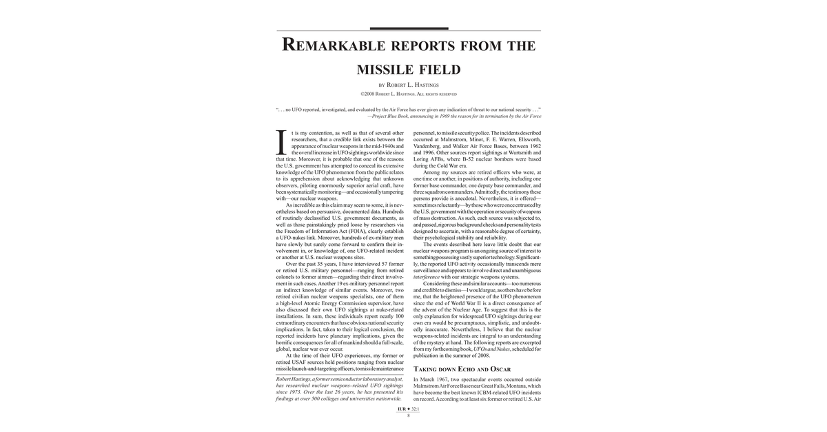 Remarkable Reports From The Missile Field Robert Hastings