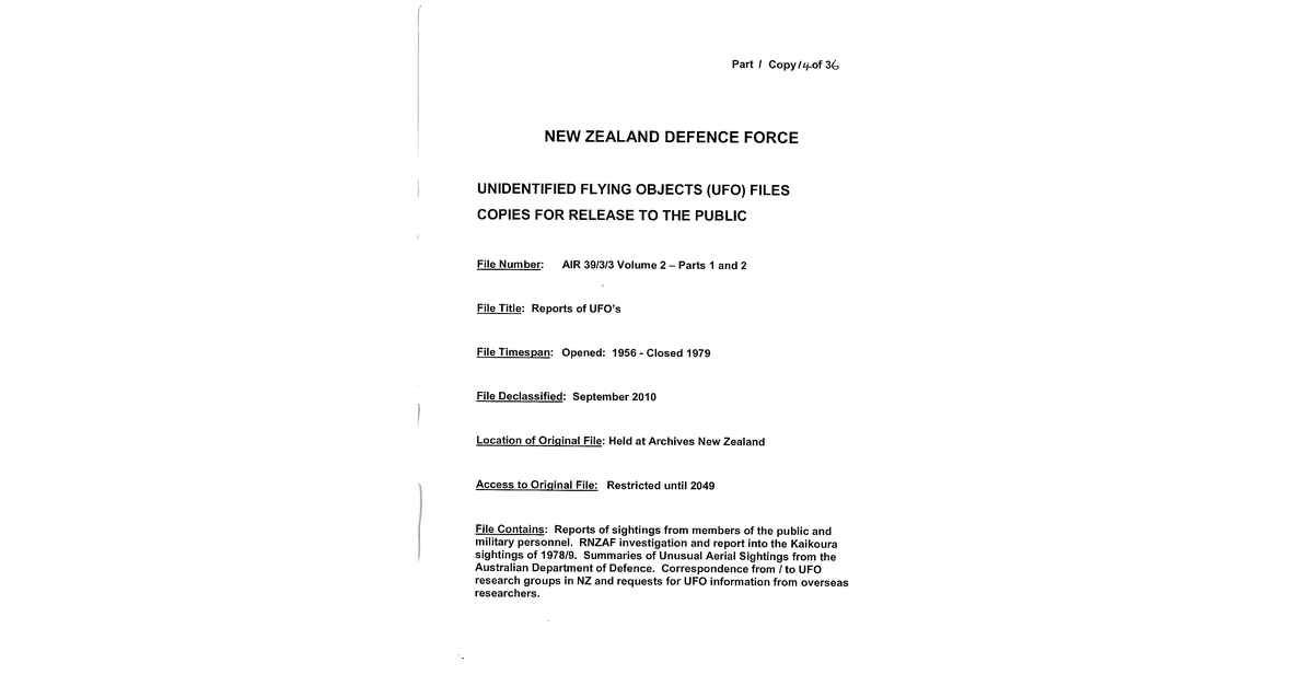New Zeland Defence Force UFO Disclosure 1956 1979, 387 Pages