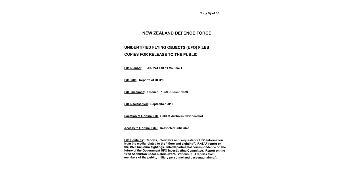 New Zeland Defence Force UFO Disclosure 1959 1983, 225 Pages