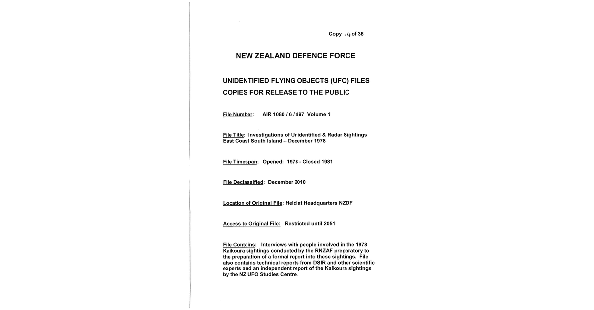 New Zeland Defence Force UFO Disclosure 1978 1981, 206 Pages