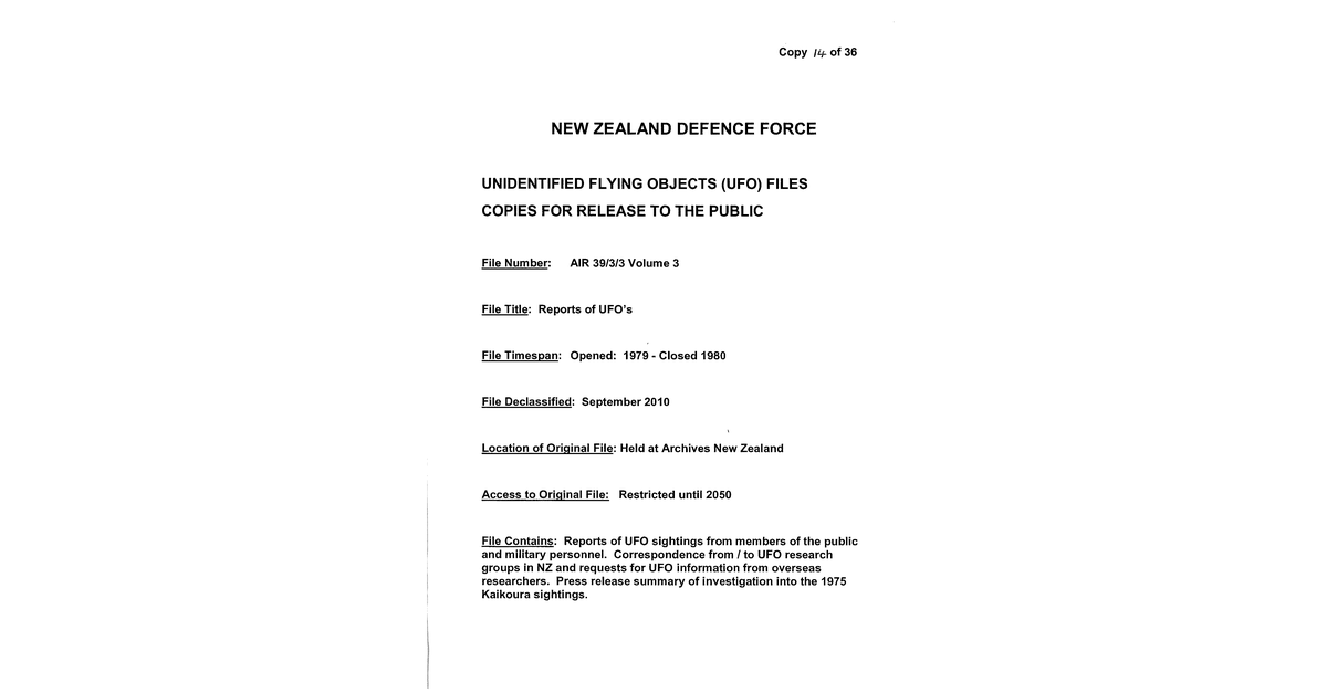 New Zeland Defence Force UFO Disclosure 1979 1980, 119 Pages