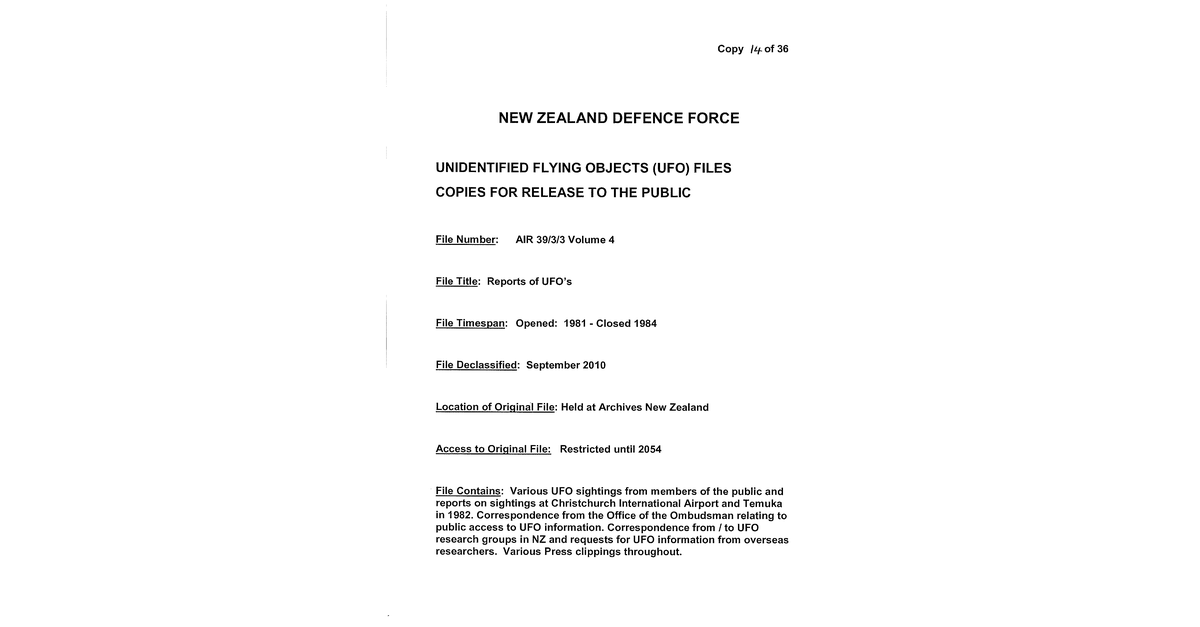 New Zeland Defence Force UFO Disclosure 1981 1984, 185 Pages