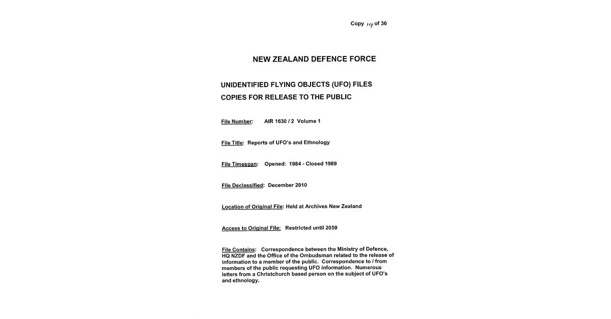 New Zeland Defence Force UFO Disclosure 1984 1998, 133 Pages