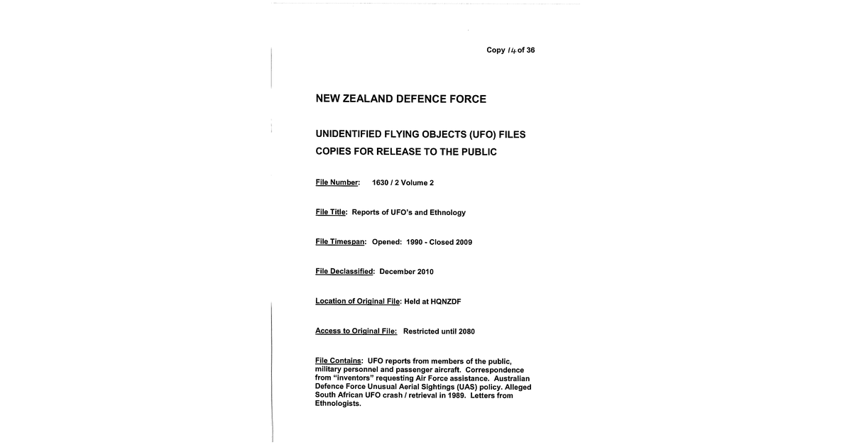 New Zeland Defence Force UFO Disclosure 1990 2009, 153 Pages