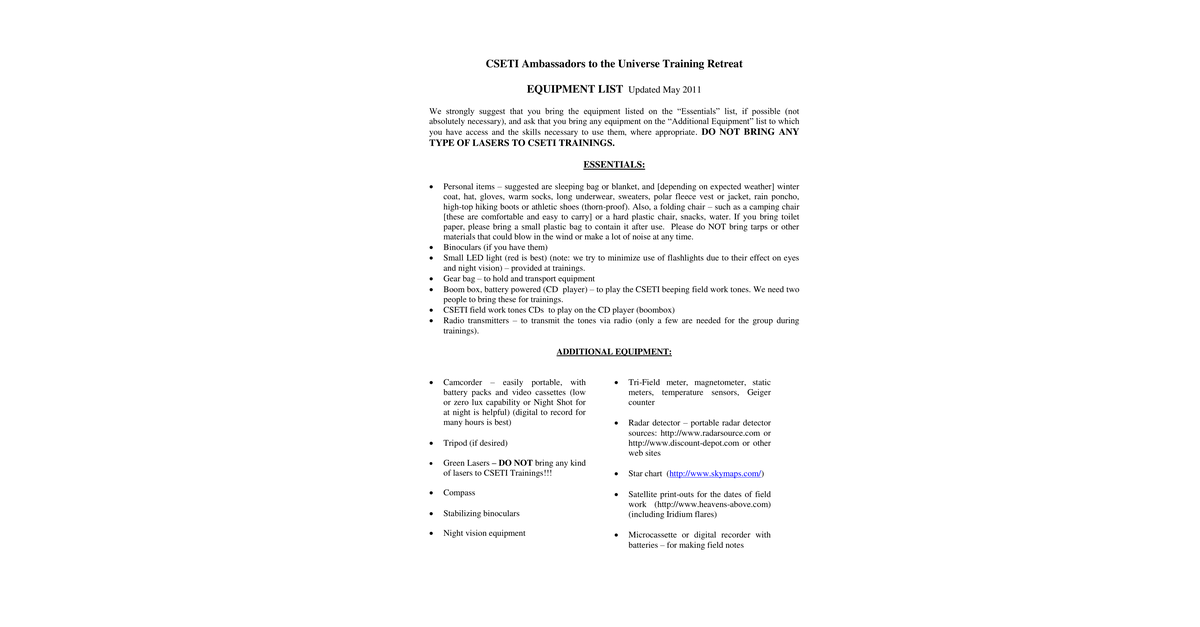 CSETI 05 List Of Recommended Equipment May 2011 For Field Work 