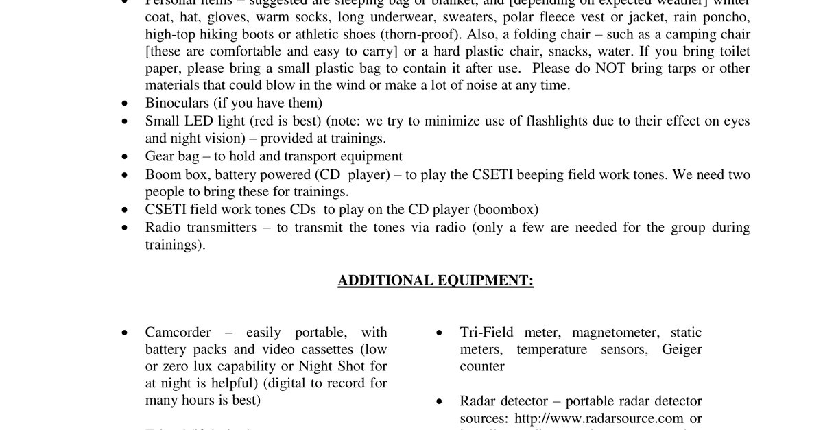 CSETI 05 List of Recommended Equipment May 2011 for field work
