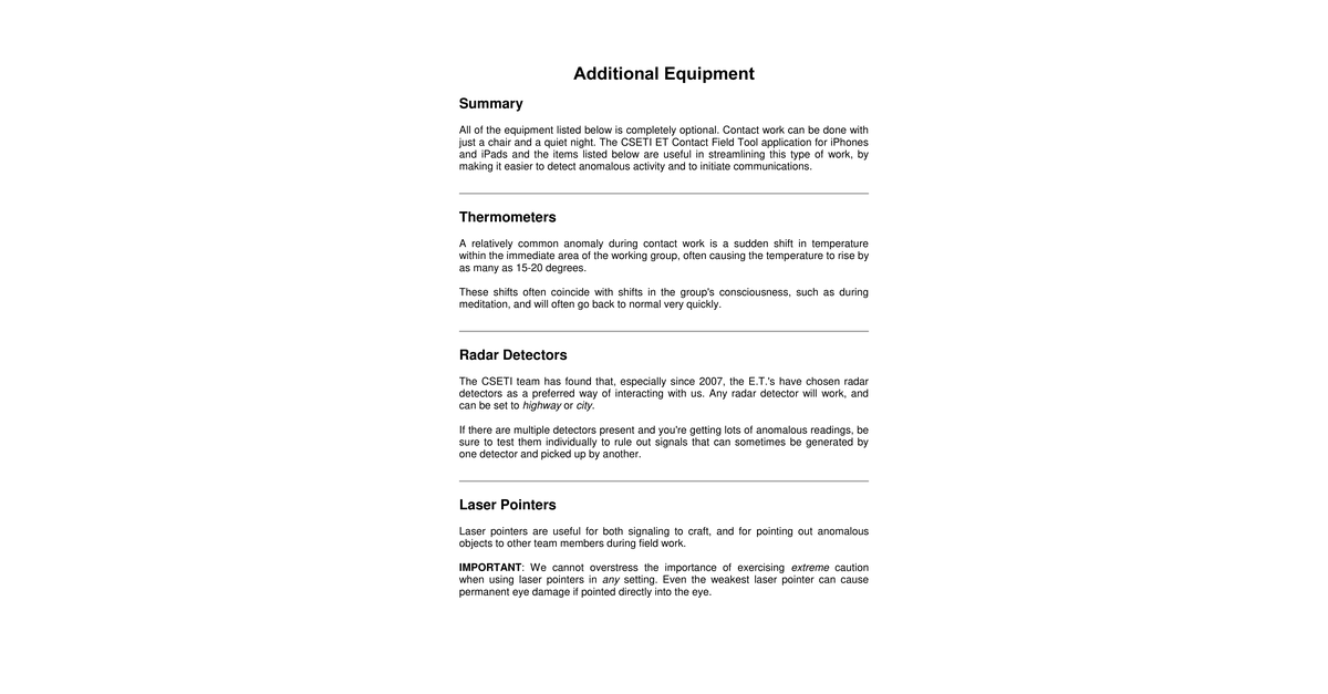CSETI 06 Additional Equipment Description