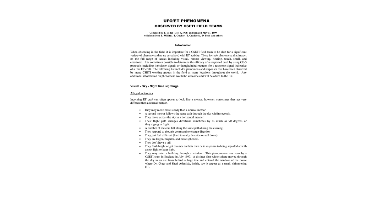 CSETI 07 Observed Types Of Phenomena