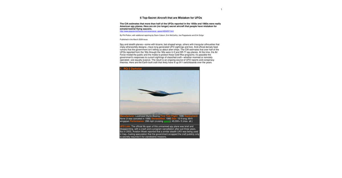 CSETI 11 Six Top Secret Aircraft May Be Mistaken For UFOs Popular Mechanics Magazine, March 2009
