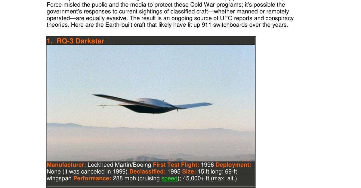 CSETI 11 Six Top Secret Aircraft May Be Mistaken for UFOs Popular Mechanics Magazine, March 2009