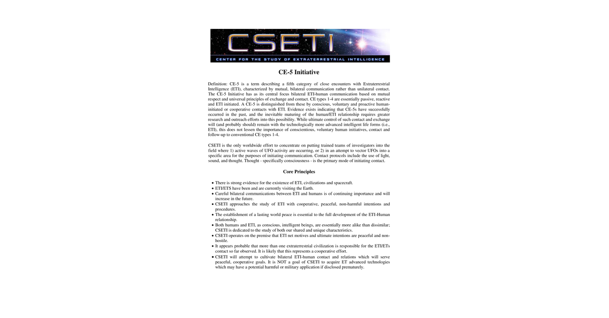 CSETI 15 The CE 5 Initiative Summary