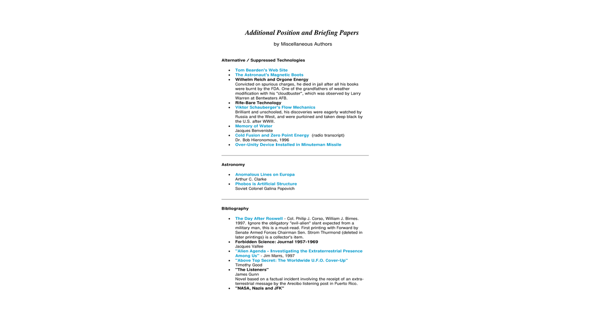 CSETI Additional Position And Briefing Papers (With Many Links)