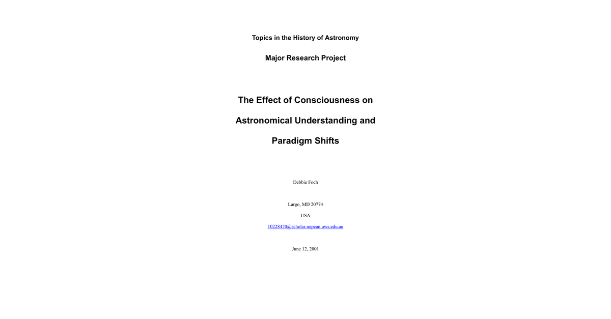 The Effect Of Consciousness On Astronomical Understanding And Paradigm Shifts