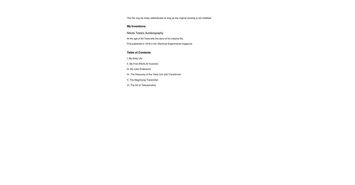 My Inventions: The Autobiography of Nikola Tesla (Tesla Leaks preparation copy)