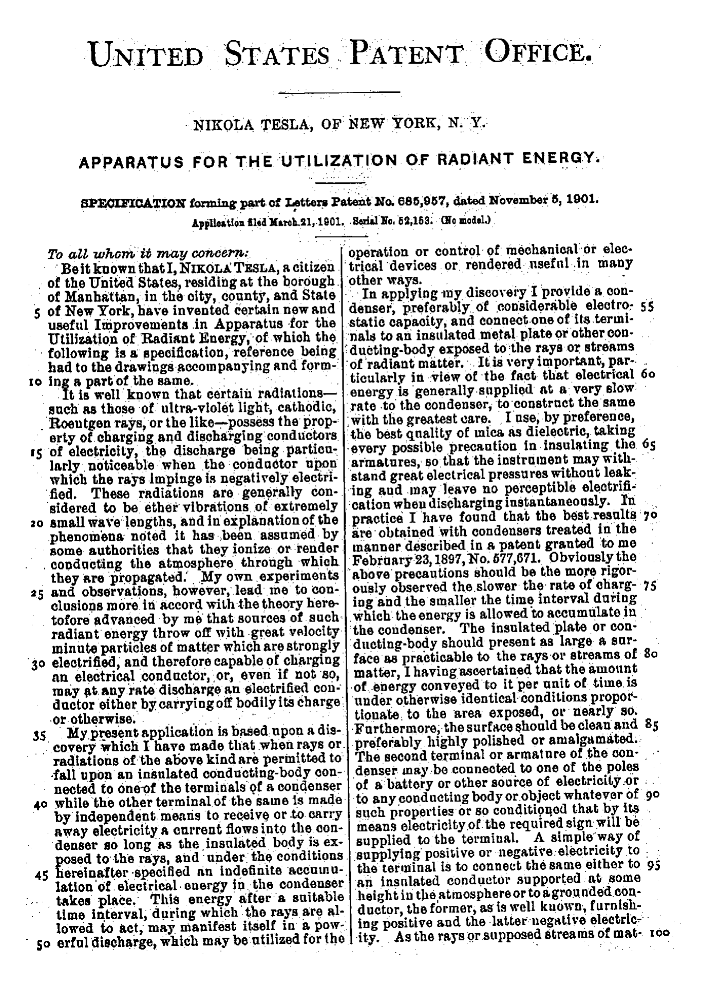 US 685,957 — Apparatus for the Utilization of Radiant Energy